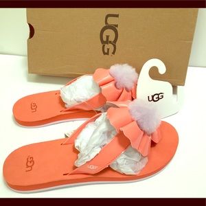Uggs Fusion coral Poppy pom pom flip flop sandals